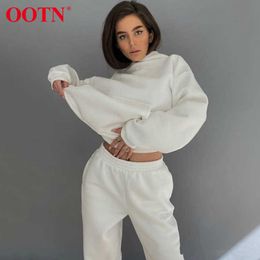 OOTN Casual Tracksuit Loose Sports Pants Two Piece Sets Sweatshirt And Sweatpants Knitted 2 Piece Set White Women's Sports Suit Y0625