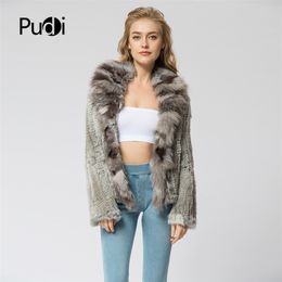 CR072 Knitted Real Rabbit Fur Coat Overcoat Jacket With Fox Fur Collar Russian Women's Winter Thick Warm Genuine Fur Coat 211007