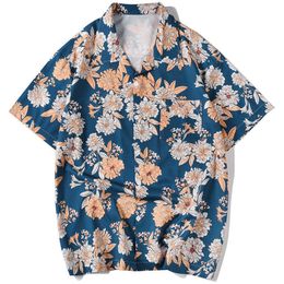 Mens Hawaiian Shirt Vintage Blue Flowers Print Harajuku Blouse Brand Loose Short Sleeve Men Beach Wear Clothes 210527
