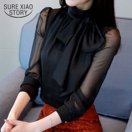 Fashion Solid Full Sleeve Shirt Casual Feminine Chiffon Blouses Bow Office Ladies Women Tops 1286 40 210417