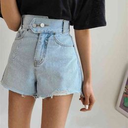 Ladies Summer High Waist Two Buttons Washed Raw Edge Denim Shorts Women booty shorts women high waist 210719