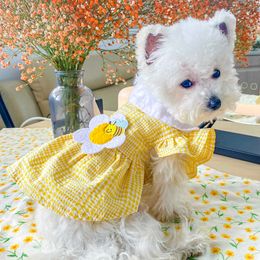Clothes Yellow Plaid Sun Flower Bee Dress For Small Dog Puppy Cat Cloth Summer Pet Birthday Skirt Cute Costume