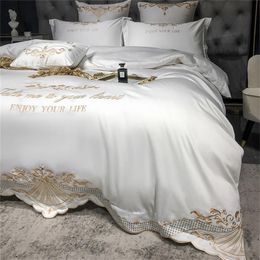 100% Cotton White Royal Embroidery Binding Satin 200x230 Bedding Set Duvet Cover Letter Bed Linen Bedclothes For Home