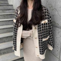 Houndstooth Cotton Tweed Plaid Women Knitted Cardigan Sweater Single Breasted Female Coat V-neck Office Ladies 210529