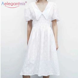 Aelegantmis Sexy Peter Pan Collar White Dress Women Sweet Elastic Waist Lantern Sleeve Elegant Korean Embroidery Vestidos 210607