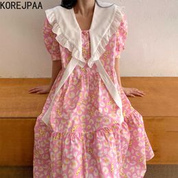 Korejpaa Women Dress Summer Korean Chic Western Style Lapel Ruffle Stitching Fluttering Wide Puff Sleeve Floral Vestidos 210526