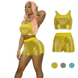 Sexy Glitter 2 Piece Set Summer Outfits for Women 2021 Clubwear Crop Top and Short Suits Vacation Elasticity Tracksuit X0709