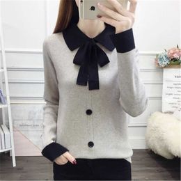 2019 New Popular Butterfly Collar Sweater Women's Sweet Bow Lace Up Pullover Long-sleeved Button Bottoming Sweater Pullover X0721