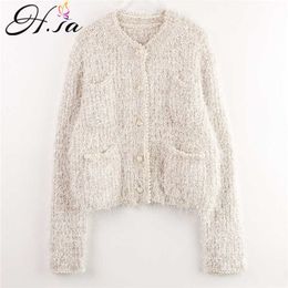 H.SA Autumn Winter Women Fall Cardigans Pockets Stitch Silver Tassel Casual Cardigans Elegant White Grey Fake Fur Knitwear 210716