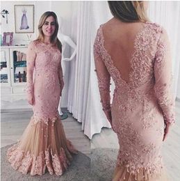 2022 Blush Pink Prom Dresses Long Sleeves Tulle Sequins Floor Length Lace Applique Custom Made Mermaid Ball Gown Evening Party Formal Occasion Wear vestido
