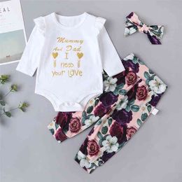 Winter Children Sets Casual Girls Long Sleeve O Neck Print Letter Tops Rose Pants Clothes 0-18M 210629