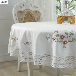 vezon Hot Selling Round Elegant Cotton Embroidery Tablecloths Embroidered Table Cloth with Lace Linen Towel Covers Y200421