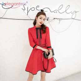 Aelegantmis Elegant Red Women Summer Dress Bow Collar High Waist Slim Party Female Mini Ladies Casual A-line es 210607