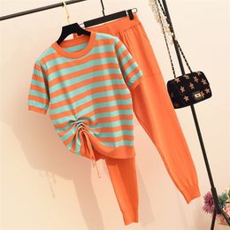 Lace Up Pleated Striped Short Sleeve Knitted 2 Piece Women Contrast Colour Patchwork Knitwear Tops + Harem Pants Casual Tracksuit 210709