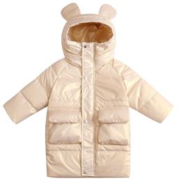 Children's winter down jacket middle long white duck waterproof thickened hooded cotton coat 211203