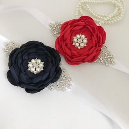 Boutique Pearls Roast Floral Maternity Sash Shining Rhinestone Women Belts Solid Color Handmade Flower Waistband Photo Props