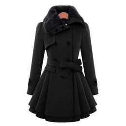 Woolen Coat Double Breasted Lapel Long Coat Female Thicken Autumn Winter Slim Belt Pleated Trench Coats Lady Fur Collar Peacoat