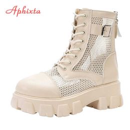 Aphixta 6cm Thick Sole Summer Breathable Platform Boots Women Buckle Big Size 43 Lace-up Waterproof Height Increasing Boots Y0905