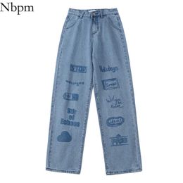 Nbpm Fashion Print Wide Leg Jeans Woman High Waist Baggy Jeans Girls Streetwear Loose Bottom Denim Trousers Pants Femme 210529