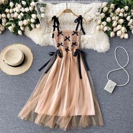 Sweet Women's Summer Fashion Sexy Contrast Bow Slim Gauze A-line Dress Sleeveless Clothes Vestidos De Mujer S737 210527