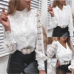 Women's Blouses & Shirts Round Neck Fashion Streetwear Solid Colour Long Sleeve Stand Collar Pure Sexy Lace Female Blouse