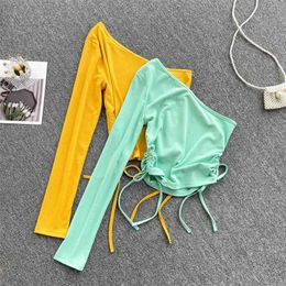 Ins Fashion One Shoulder Long sleeve T-shirt Solid Colour Women's Summer High Street Drawstring Ruched Skinny Knit Rib Crop Tops 210603