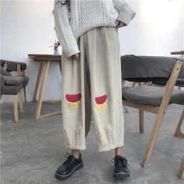 2021 Fall New Ladies Trousers Japanese Kawaii Elastic Waist Ankle-Length Pant Women Cute Corduroy Design Flower Wide Leg Pants Q0801