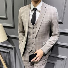 Men's Suits & Blazers (Jacket+Vest+Pants) 2021 Style Men Pure Cotton Slim Fit Business Suits/Male Plaid Fashion Leisure Blazers/Groom Tuxedo