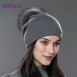 ENJOYFUR Winter women real fur pom hats wool knitted thick warm lined beanies hat lady fashion bobble ski caps 211228