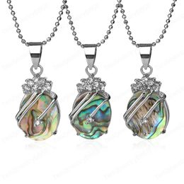 Reiki Oval Seashell Pendant Paua Abalone Shell Rhinestone CZ Crystal Pendants Necklace for Women Charm Simple Jewellery