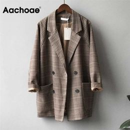 Aachoae Vintage Plaid Blazer Jacket For Women Loose Long Sleeve Office Coat With Pockets Casual Double Breasted Outerwear Tops 211019