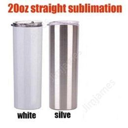 2 style 20oz sublimation straight tumbler silver white and glitter slim cup with metal straw vacuum travel mug gifts sea way DAJ181