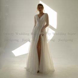 Блестящие свадебные платья из тюля, женские свадебные платья в стиле бохо с длинными рукавами и V-образным вырезом, плиссированные, на шнуровке, корсет, свадебное платье 2022268n