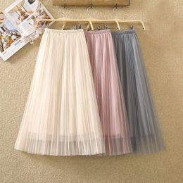 Lucyever Elastic High Waist Women Tulle Skirt Fashion Spring Summer Ladies Mesh Long Skirt Elegant A Line Girls Korean Faldas 210309