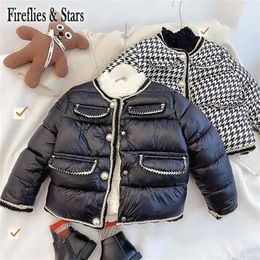 Winter Girls Parka Kids Coat Baby Toddler Children Warm Clothes Fashion Padded Brand Grid Pearl Button 3 To 14 Yr 211203