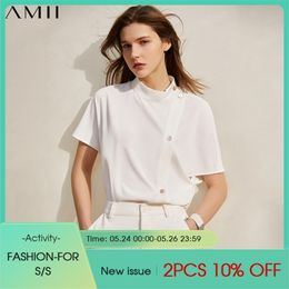 Minimalism Summer Shirt For Women Fashion Solid Stand Collar Button Loose Female Blouse Causal Women's 12140269 210527