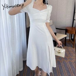 Yitimuceng Ruched Dresses for Women Summer Split Fork Korean Fashion Dress Short Puff Sleeve Solid White Black Sundress 210601