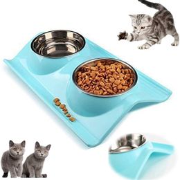 Pet Dog Bowl Double Stainless Steel Puppy Feeding Food Water No Spill Tableware Anti-skid Pet Dog Cat Food Water Bowl Pet Feeder Y200922