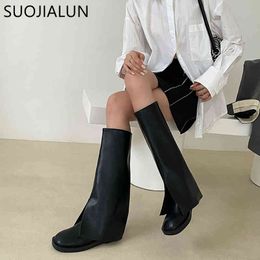 SUOJIALUN 2021 New Brand Women Boots Knee-high Flat Heel Long Boots Shoes Ladies Winter Slip On Square Toe Casual Martin Boots K78
