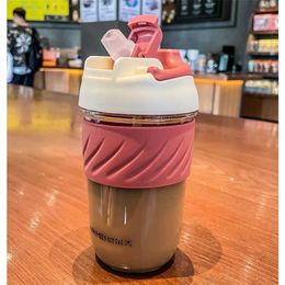 Tritan Plastic kawaii Coffee Cup With Lids Straw Cute Water Bottles Girls Travel Portable Leakproof Tumblers 400ML 500ML 211122