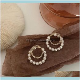 Dangle Jewelrydangle & Chandelier Korean Double Layered Round Imitation Pearl Earrings For Women Gold Colour Alloy Shiny Rhinestone Bridal Dr