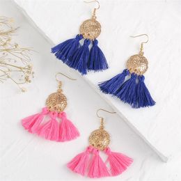 Ethnic Style Trendy Ladies Blue Pink Cotton Tassel Drop Earrings For Women Simple Round Gold Colour Metal Dangle Earring Jewellery