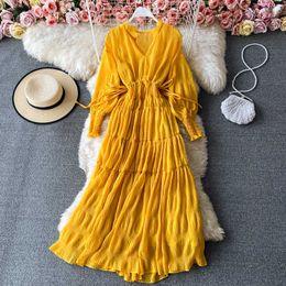 Vintage Red/Orange/Beige Chiffon Dress Women Elegant V-Neck Lantern Long Sleeve High Waist Party Beach Vestido Female Spring New Y0603