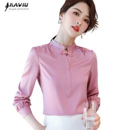 High-end Shirt Women Autumn Retro Long sleeve Pink Satin V Neck Blouses Office Ladies Formal Casual Work Tops 210604