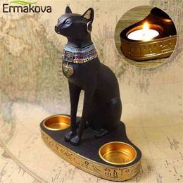 ERMAKOVA Egyptian Cat Craft Candlestick Candle Holder Resin Statue Retro Goddess Figurine Home Office Garden Decoration Gift 210924