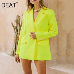 [DEAT] Spring Autumn Fashion Tops Long Sleeve Yellow Double Breasted V-neck Loose Simple Women Blazer 210527