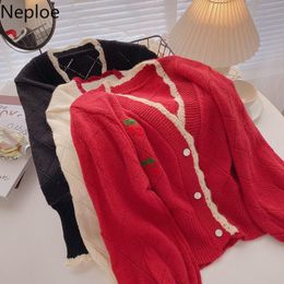 Women's Knits & Tees Neploe Cropped Cardigan Women Cherry Crochet Floral Knitted Sweater Coat Korean Vintage Sweet Pull Femme Sueter Mujer