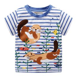 Jumping Meters Summer Animals Print Boys Girls T shirts Cotton Stripe Cute Children's Tees Kids Tops 210529