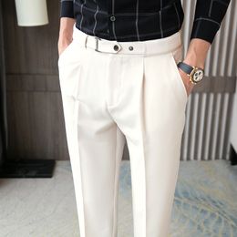 2022 Vintage Gentleman Elegant Dress Pants Mens Beige Slim Fit England Cropped Pants With Belt White Trousers Office Party Khaki