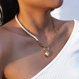 Pendant Necklaces U-Magical Fashion Love Heart Chunky Chain For Women Gold Color Metal Faux Pearl Asymmetry Necklace Jewelry